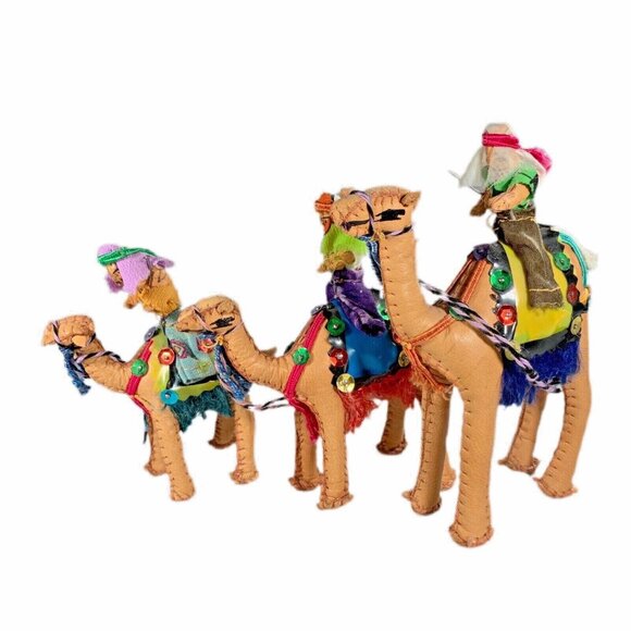 Vintage Arabian Dromedary Set of 3 Camels & Riders Hand Stitched Leather - Picture 8 of 12